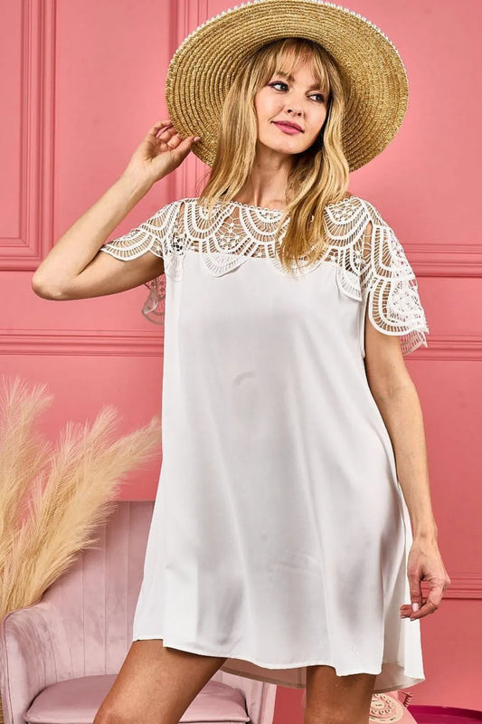 BiBi Crochet Lace Yoke Detailed Wrinkled Dress IVORY