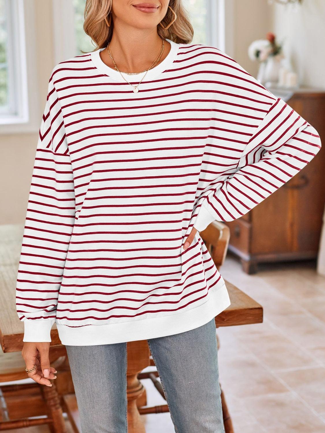 Lovelet Striped Round Neck Long Sleeve Sweatshirt Deep Red