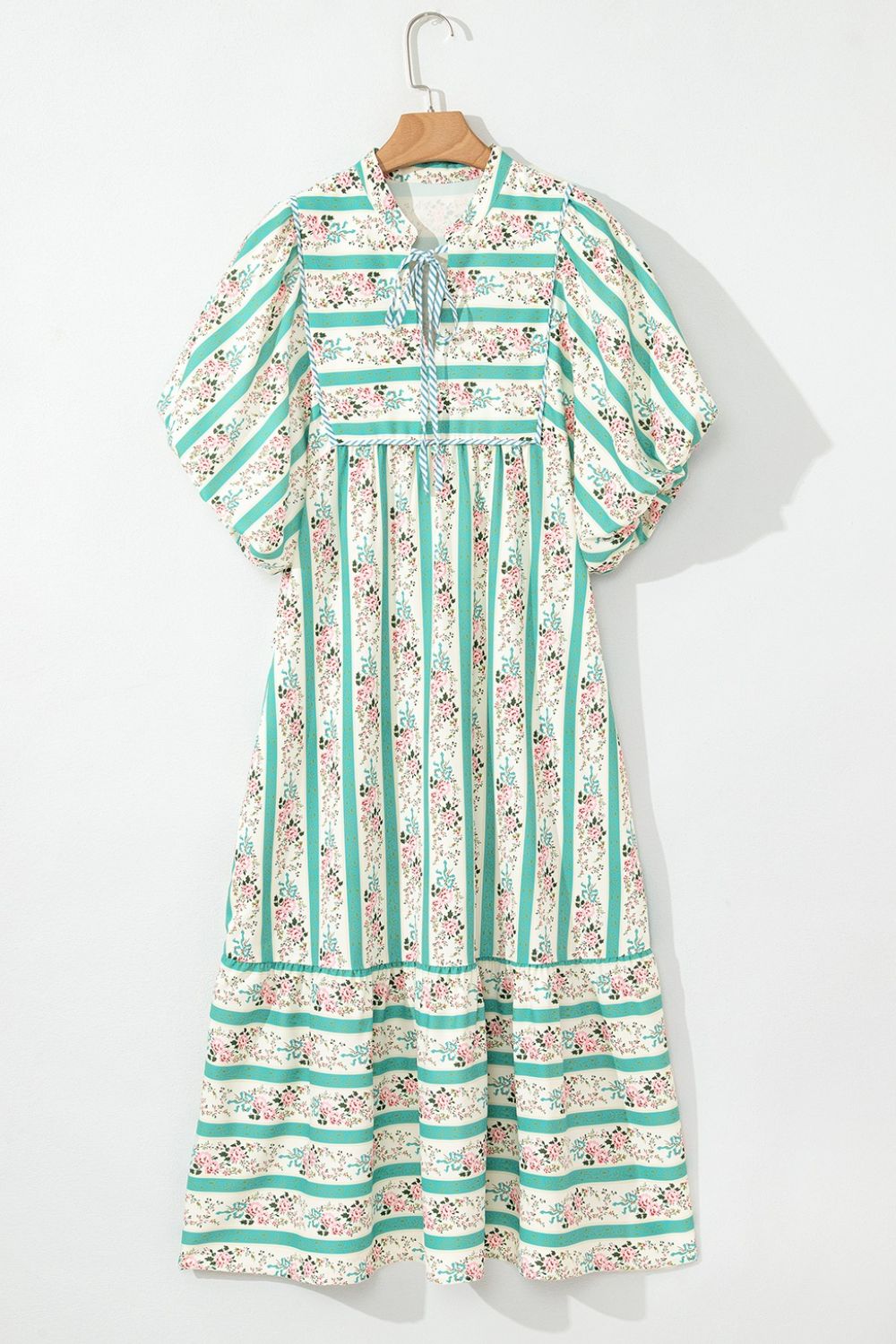 Striped Floral Print Tie Neck Puff Sleeve Midi Dress
