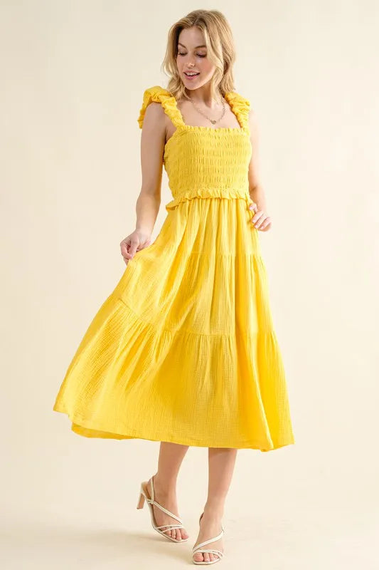 And The Why Ruched Shoulder Strap Detail Midi Dress Lemon
