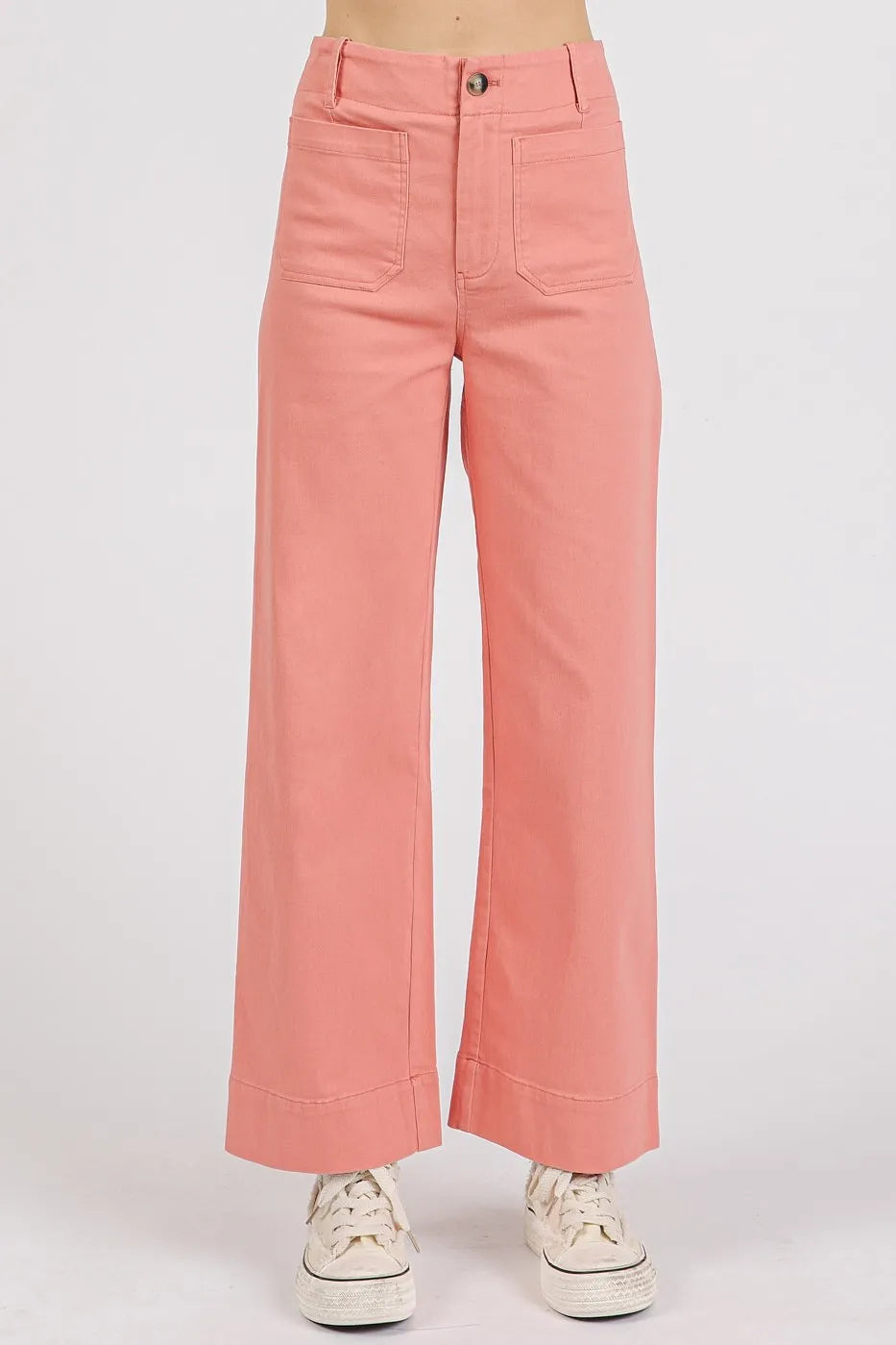 Mittoshop Twill Patch Pocket High Rise Wide Leg Pants CORAL PINK