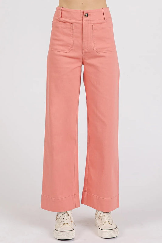 Mittoshop Twill Patch Pocket High Rise Wide Leg Pants CORAL PINK