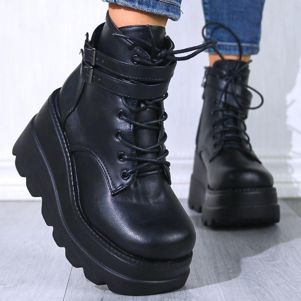 PU Leather Lace-Up Wedge Boots Black