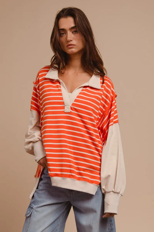BiBi Stripe Knit Loose Fit Top With Cut Edge Detail