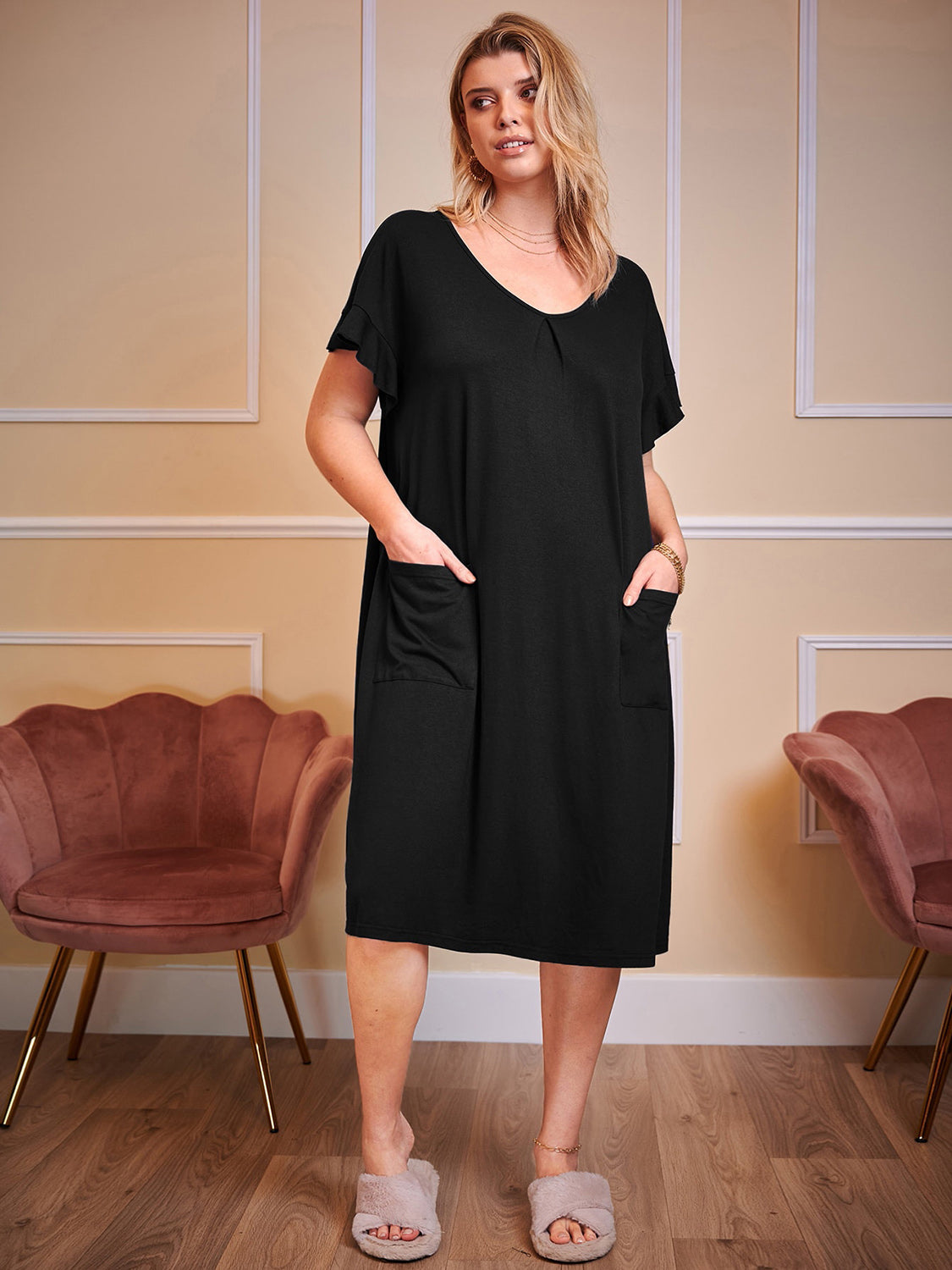 Plus Size Round Neck Short Sleeve Lounge Dress Black