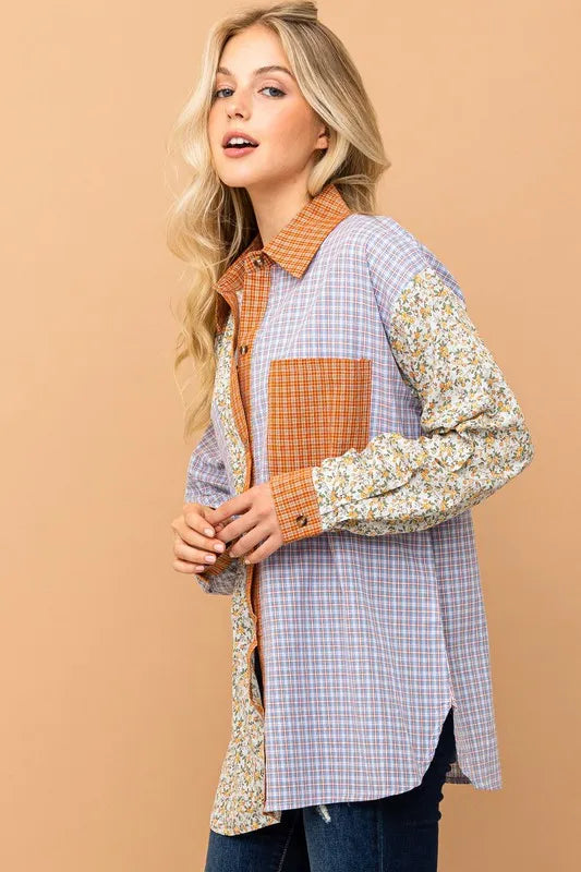 And The Why Floral and Plaid Color Block Shirts with Pocket