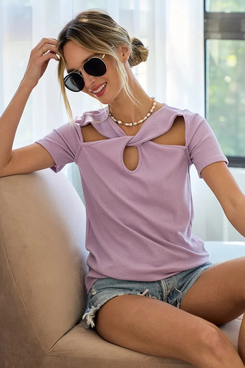 BiBi Rib Knit with Cut Out and Front Twist Detailed Top LAVENDER
