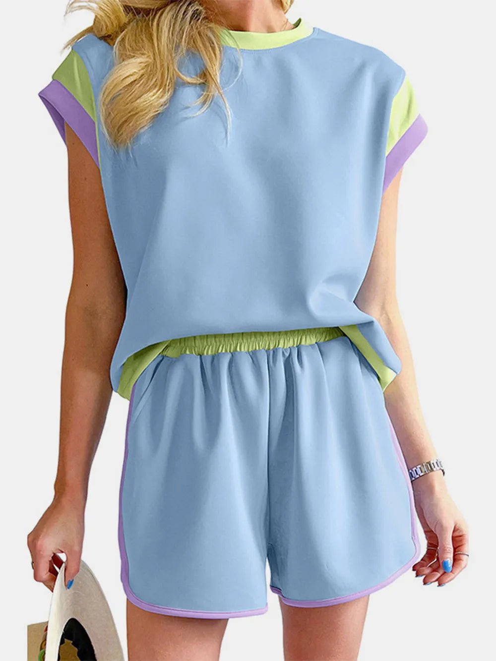Contrast Round Neck Top and Shorts Set Light Blue