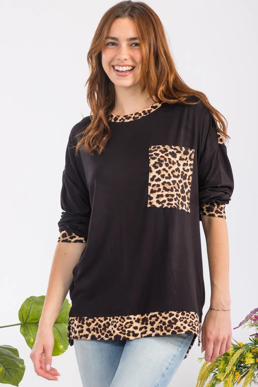 Celeste Full Size Leopard Round Neck Dropped Shoulder T-Shirt Black