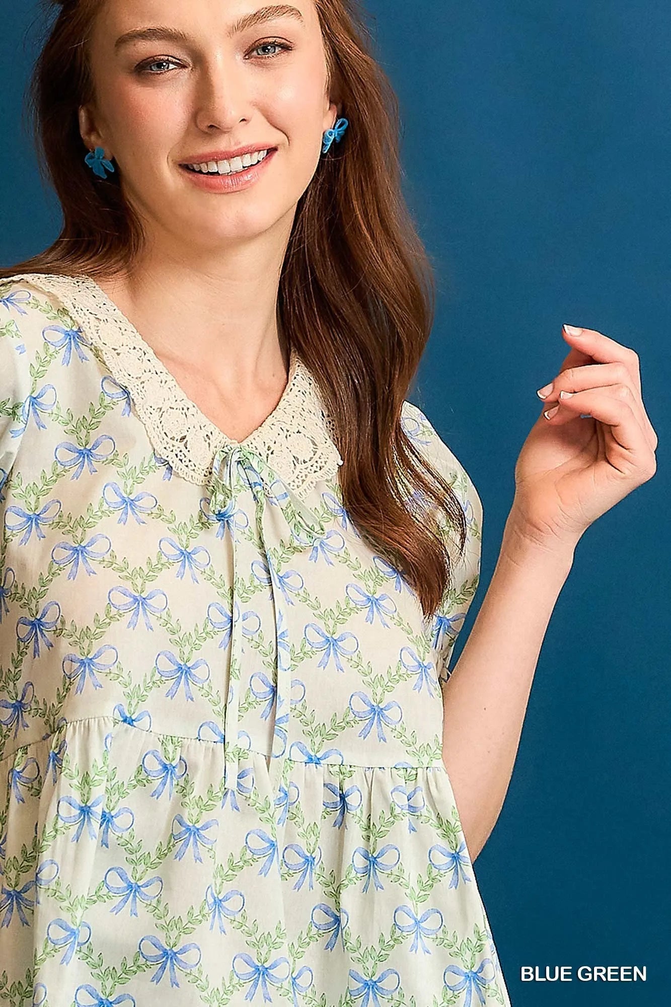 Umgee Lace Detail Bow Print Flounce Sleeve Blouse