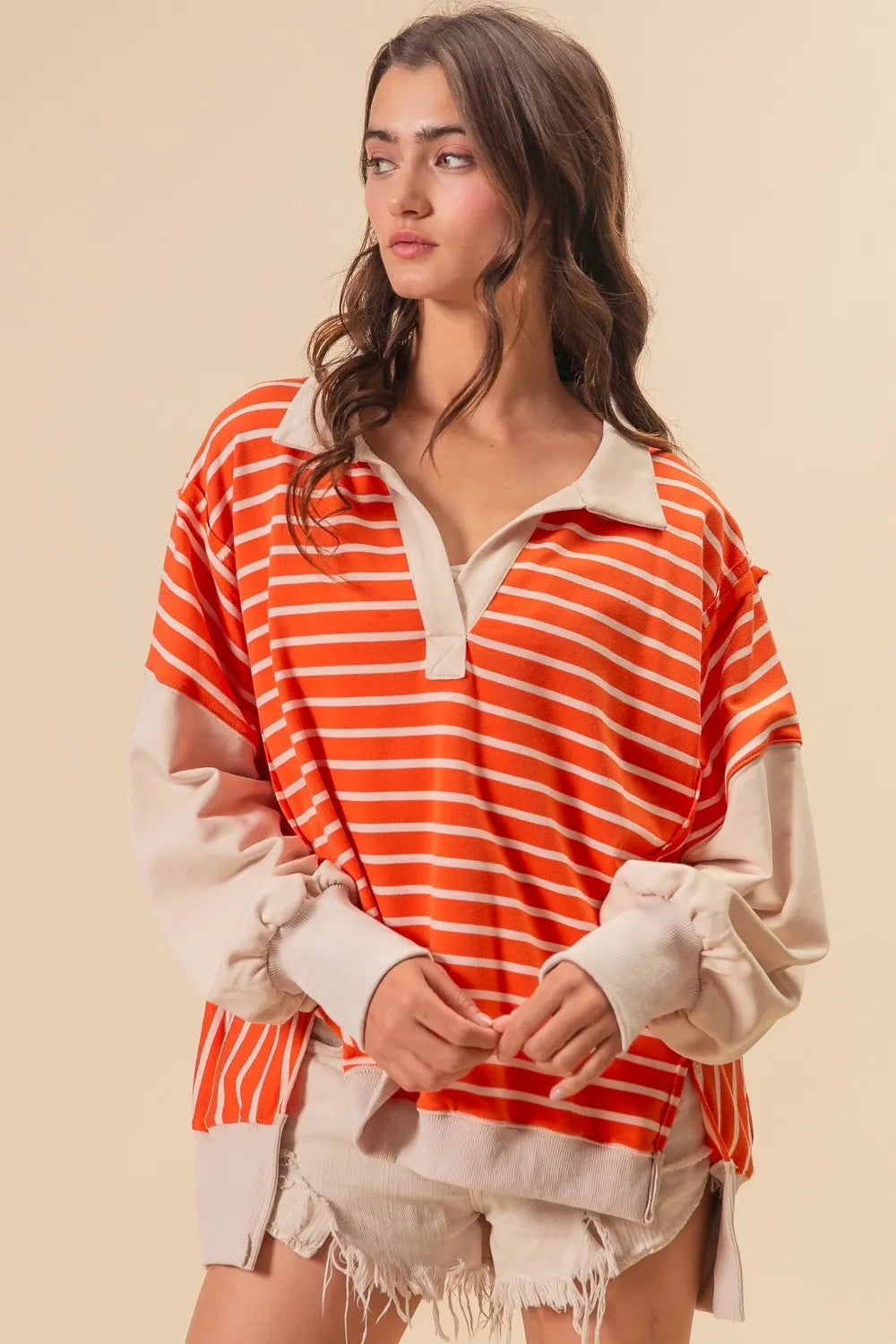 BiBi Stripe Knit Loose Fit Top With Cut Edge Detail