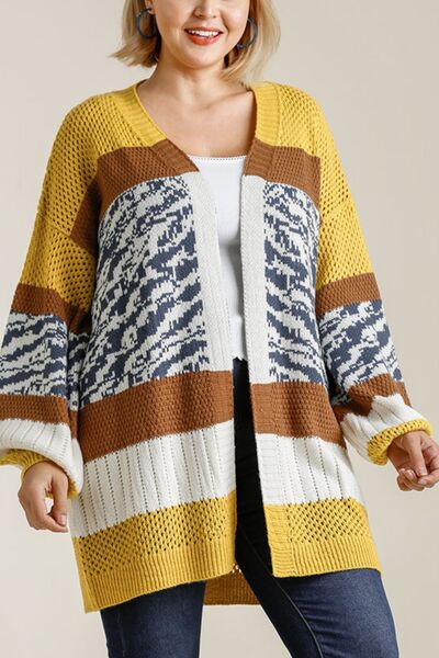 Umgee Full Size Color Block Open Front Longline Cardigan Plus Size