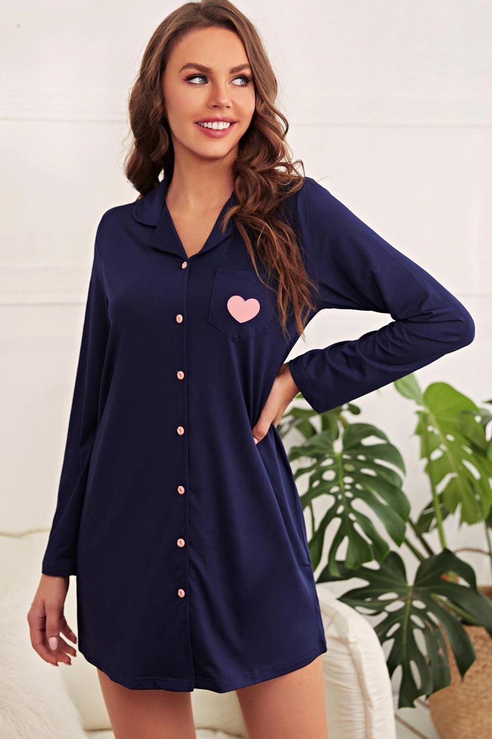 Heart Graphic Lapel Collar Night Shirt Dress Navy