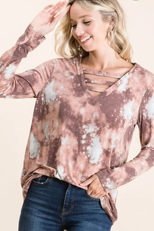 BiBi Tie Dye French Terry V-Neck Top