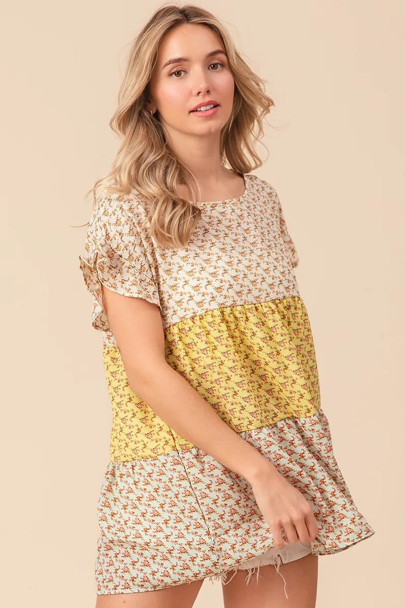 BiBi Flroal Printed Woven Color Block and Tiered Top