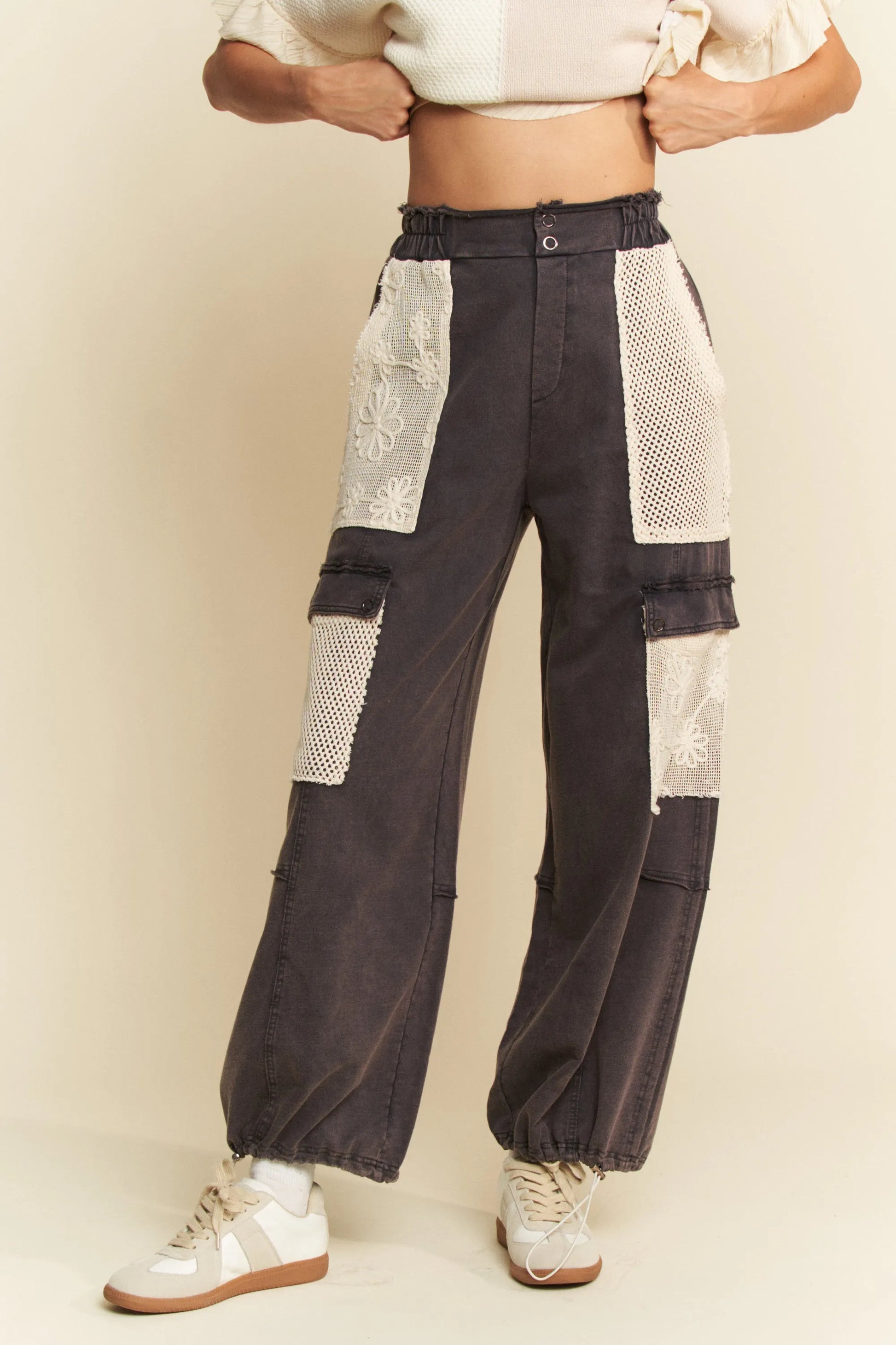 Davi & Dani Lace Patchwork Bottom Opening Adjustable Pants