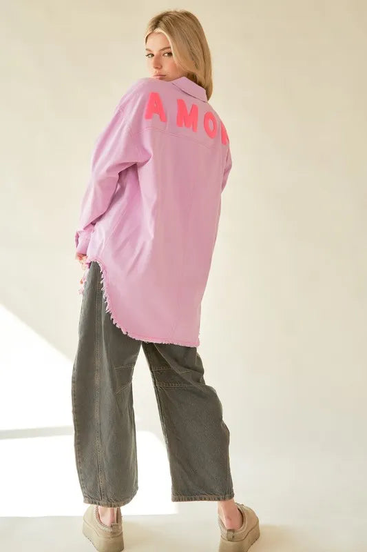 Davi & Dani Letter Back Raw Hem Half Button Shirt