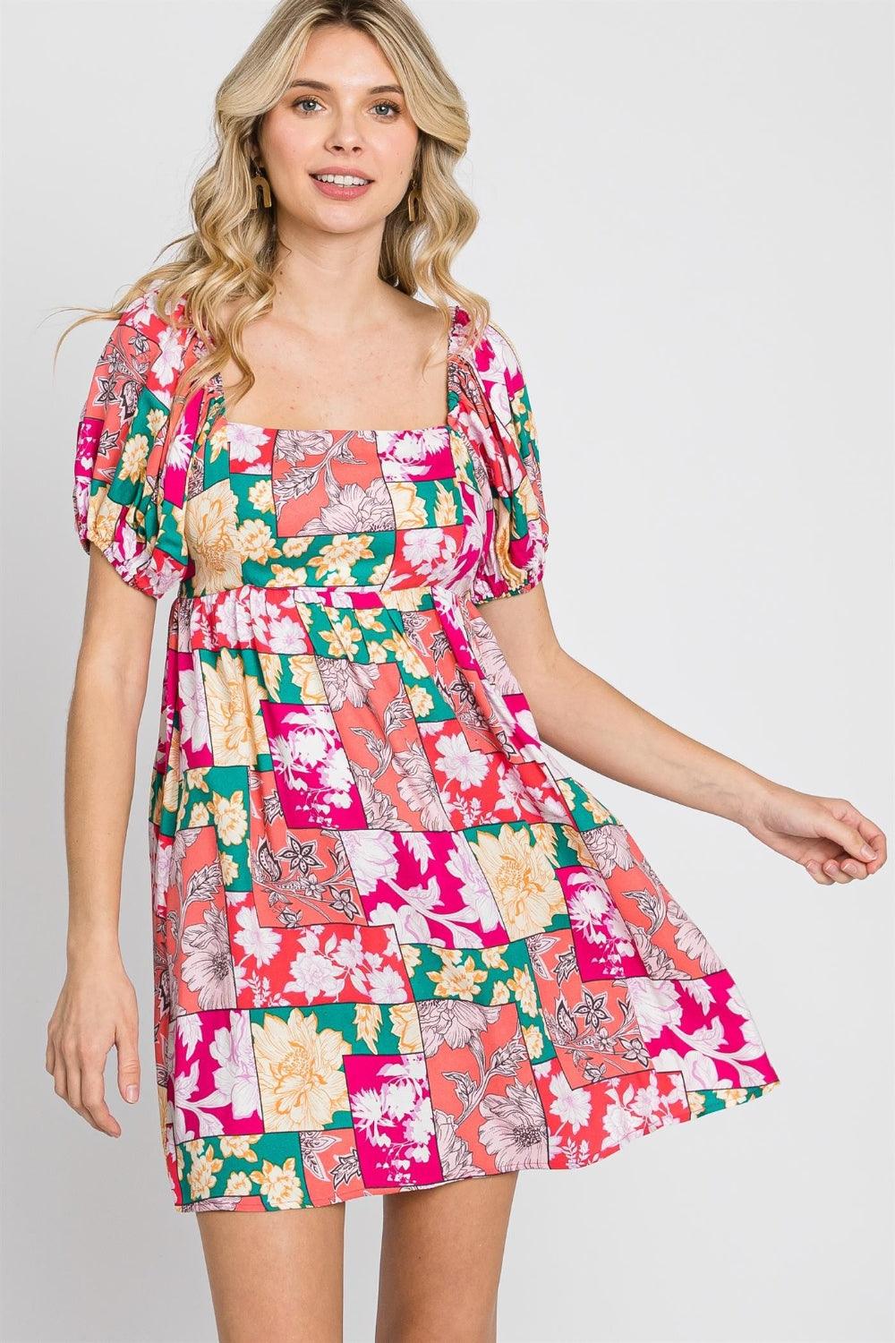 GeeGee Floral Ruff Sleeve Mini Dress Fuchsia