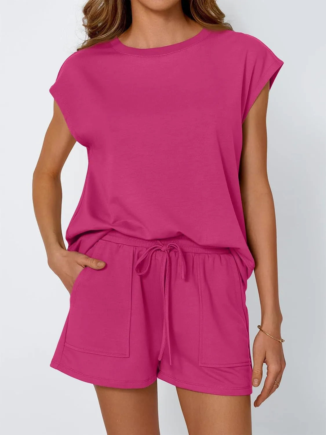 Round Neck Cap Sleeve Top and Shorts Set Deep Rose