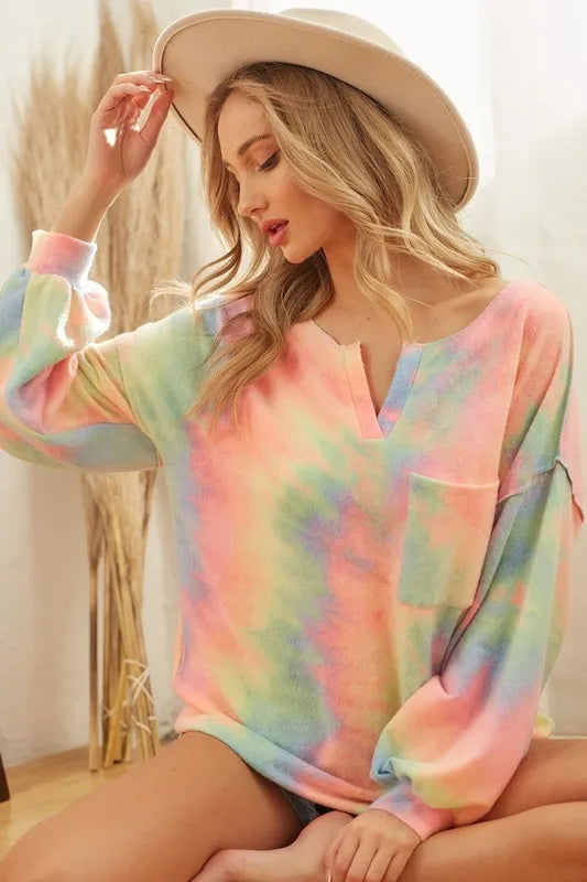 BiBi Brushed Tie Dye French Terry Top with Bubble Sleeves