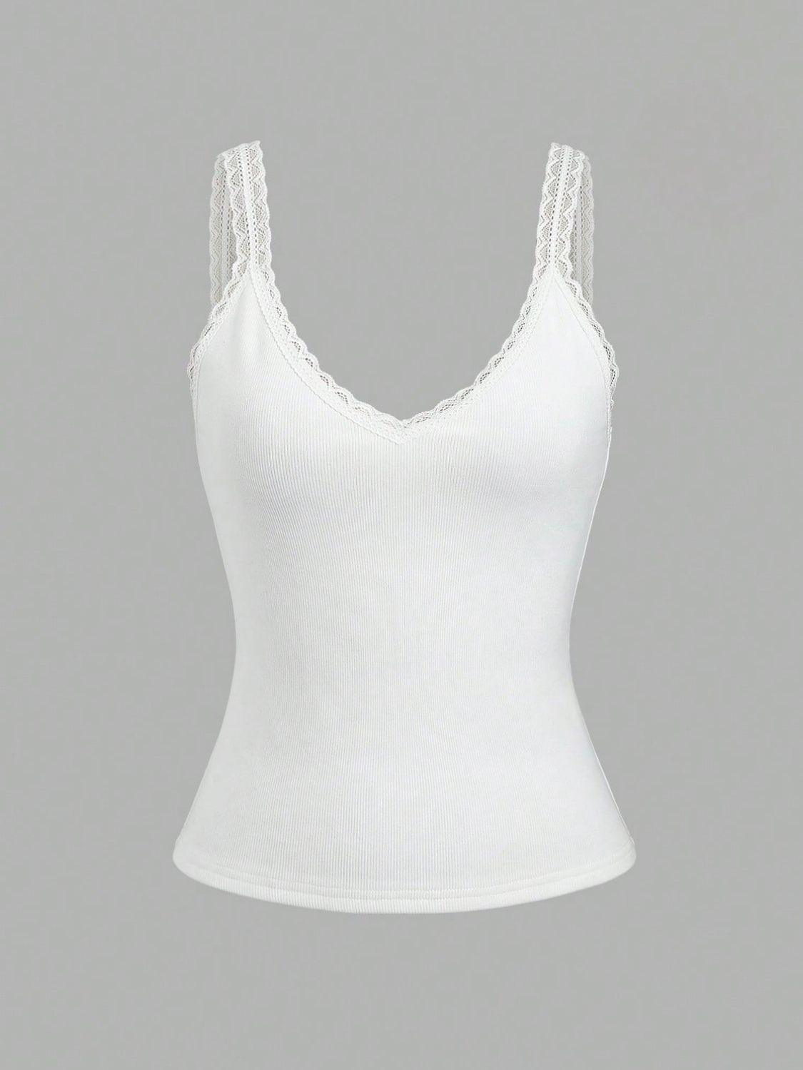 Lace Detail V-Neck Wide Strap Tank White