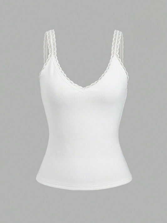 Lace Detail V-Neck Wide Strap Tank White