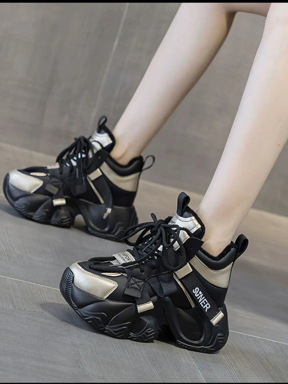Chunky Platform Lace Up Sneakers Black Gold