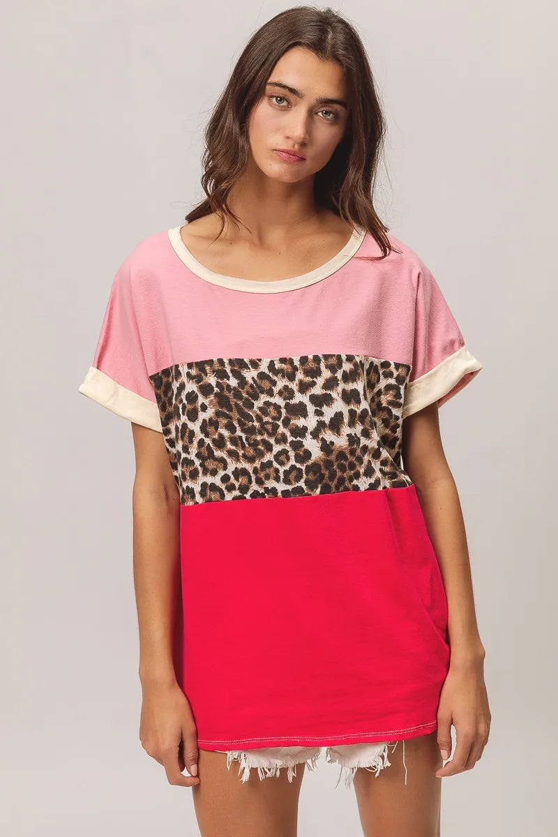 BiBi Leopard Printed Jersey Color Block Roll Up