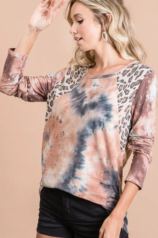 BiBi Tie Dye Distressed Knit Top with Leopard Shoulder