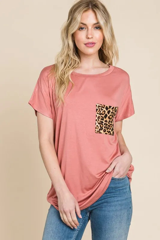 BOMBOM Leopard Chest Pocket Tee