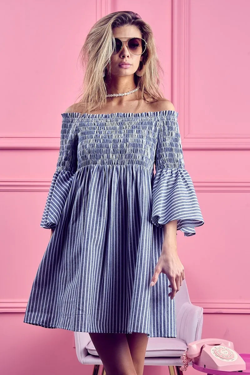 BiBi Smocked Off Shoulder Striped Dress