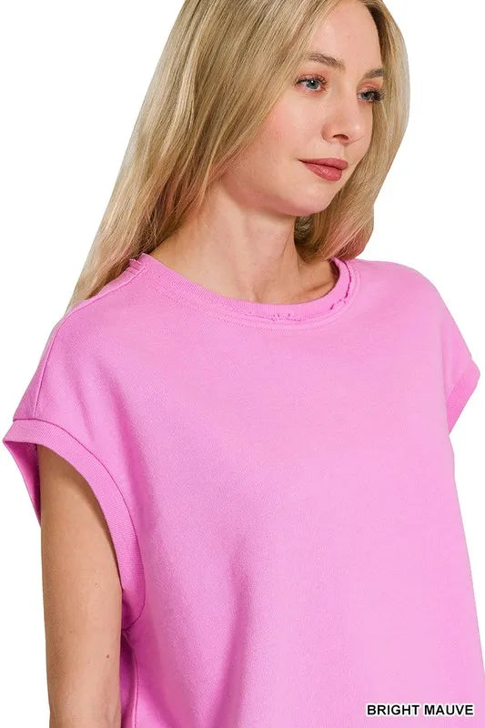 Zenana French Terry Round Neck Cap Sleeve T-Shirt