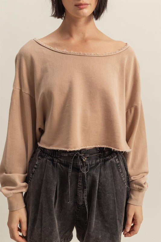 HYFVE Frayed Detail Boat Neck Long Sleeve Crop Top