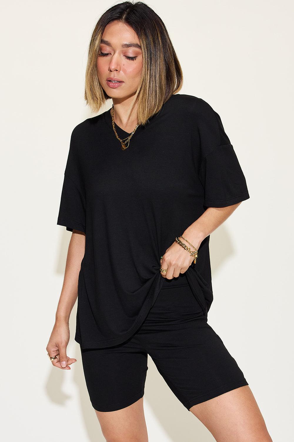 Basic Bae V-Neck T-Shirt and Shorts Set - Full Size Drop Shoulder Outfit