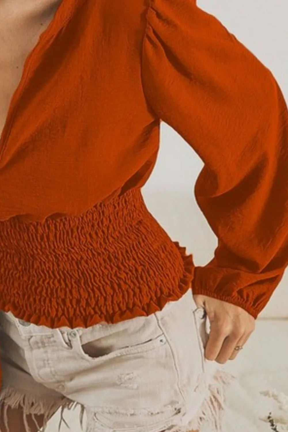 BiBi Smoking Waist Band and Puff Sleeves Deep V Neck Top