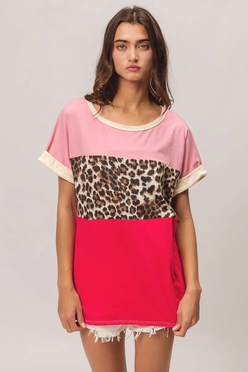 BiBi Leopard Printed Jersey Color Block Roll Up