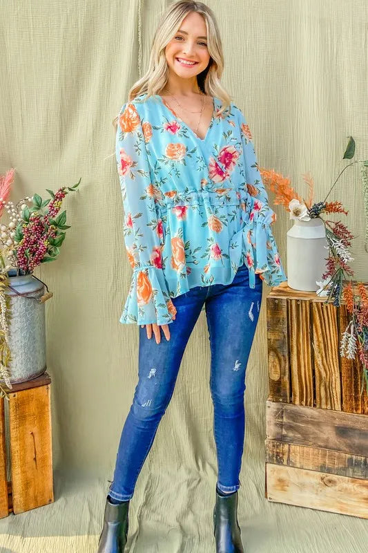 And The Why Floral Print Draw String Bell Sleeve Top