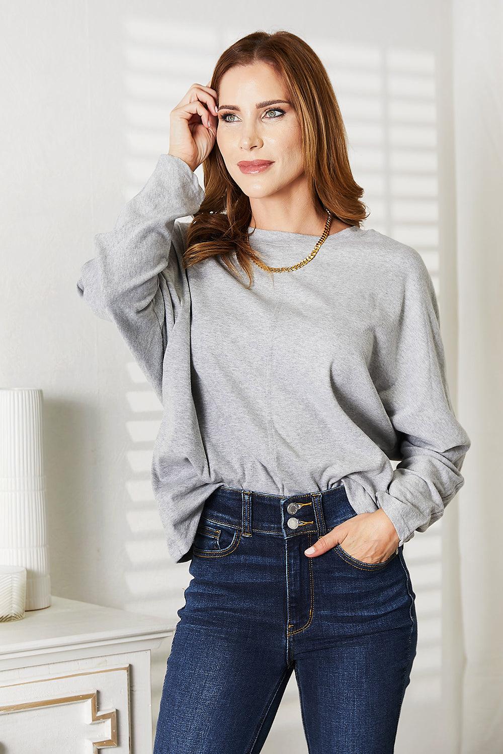 Double Take Seam Detail Round Neck Long Sleeve Top Light Gray