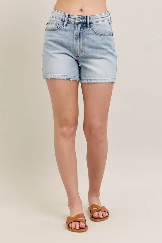 Judy Blue Full Size Frayed Hem High Rise Denim Shorts with Pockets Plus Size