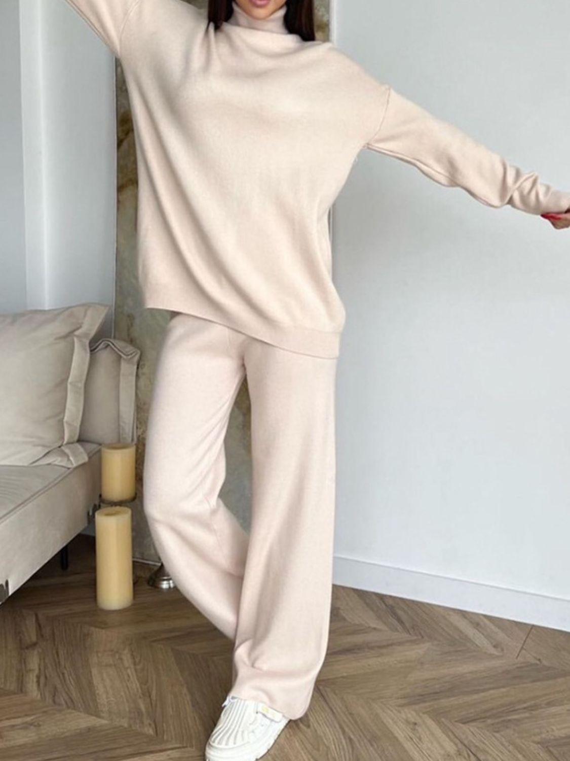 Turtleneck Long Sleeve Top and Drawstring Pants Sweater Set Tan One Size