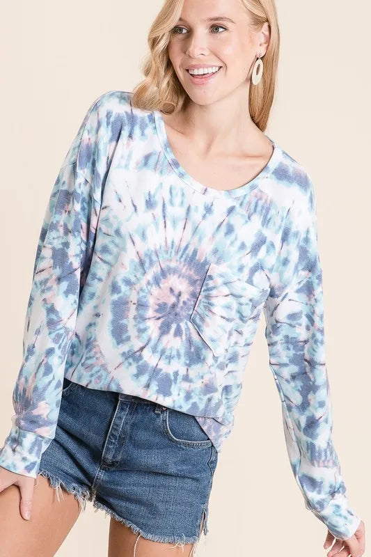 BiBi Tie Dye Print Terry Top with Front Patch Pocket