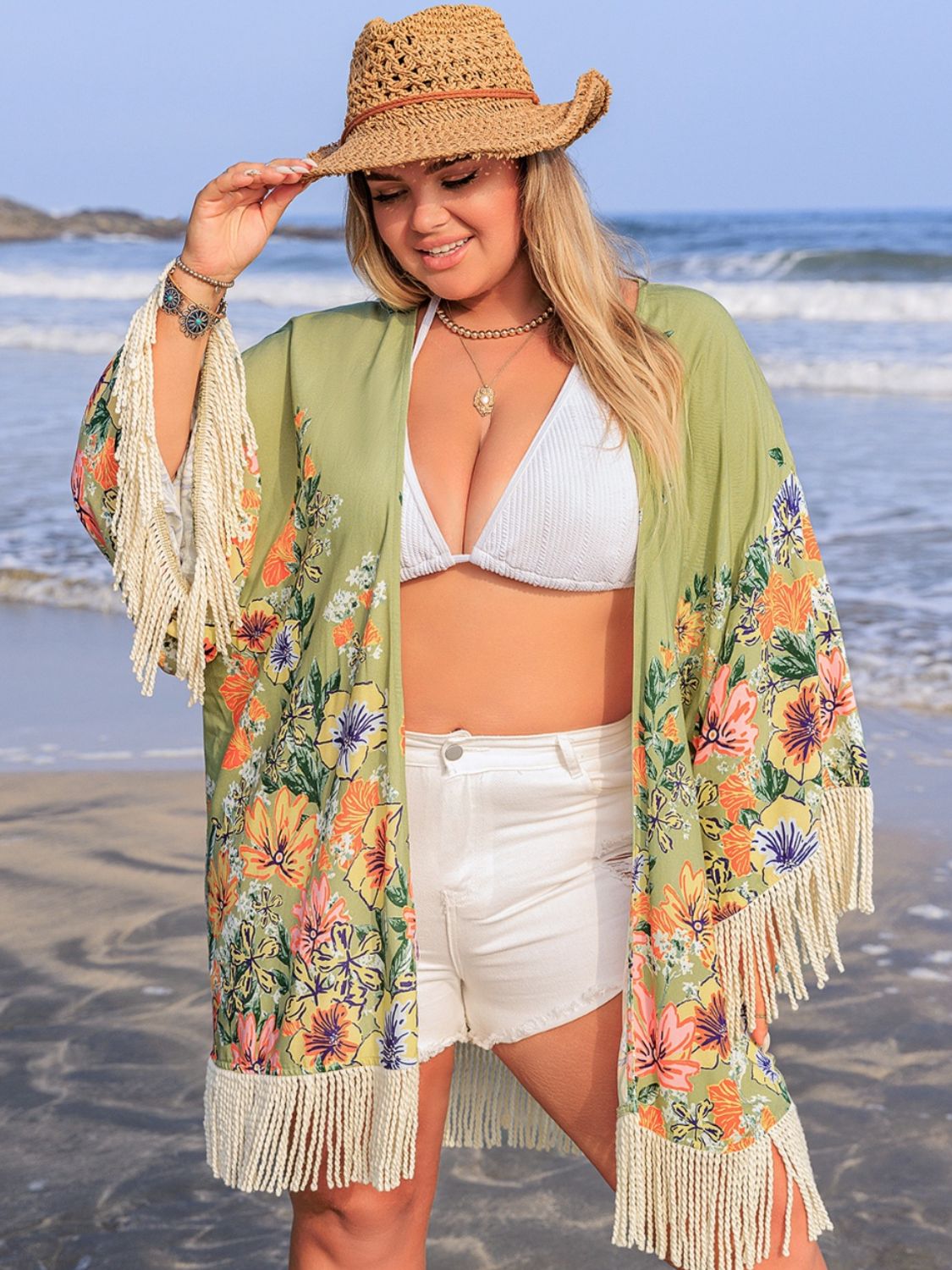 Plus Size Fringe Open Front Cover-Up Sage