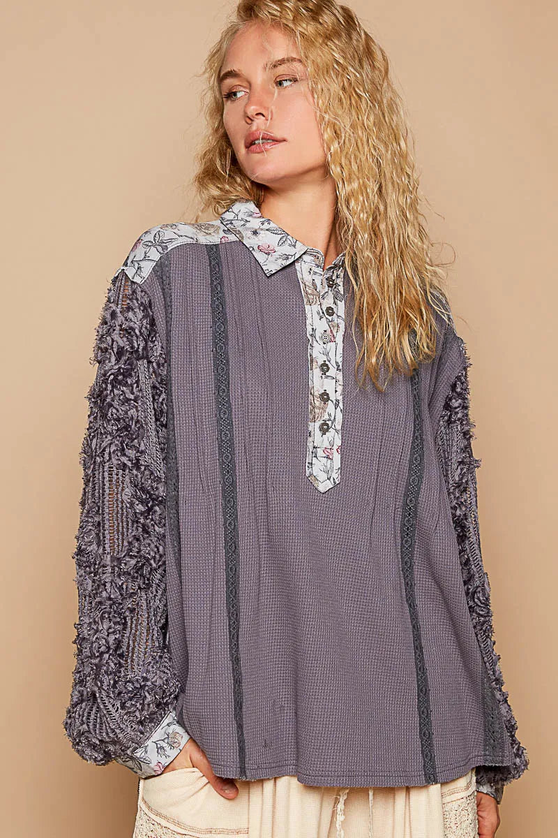 POL Floral Half Button Lace Detail Long Sleeve Top Dark Gray