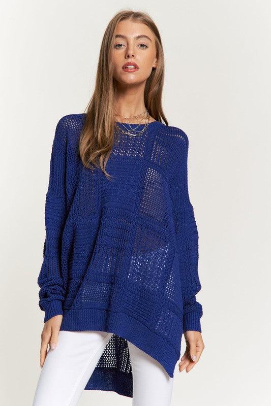 Davi & Dani Openwork Side Slit Drop Shoulder Knit Cover Up Navy