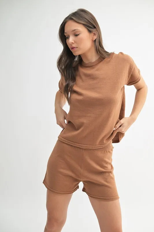 MONO B Easy Breezy Top and Shorts Sweater Set MUD 25