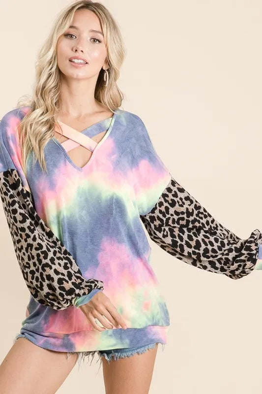 BiBi Tie Dye Terry Top with Leopard Puff Sleeves
