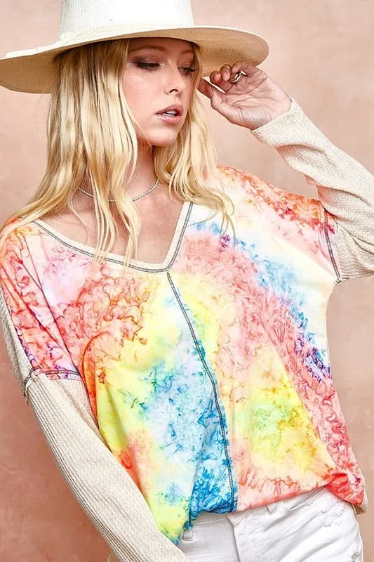 BiBi Print Block V Neck Top with Contrast Stitching