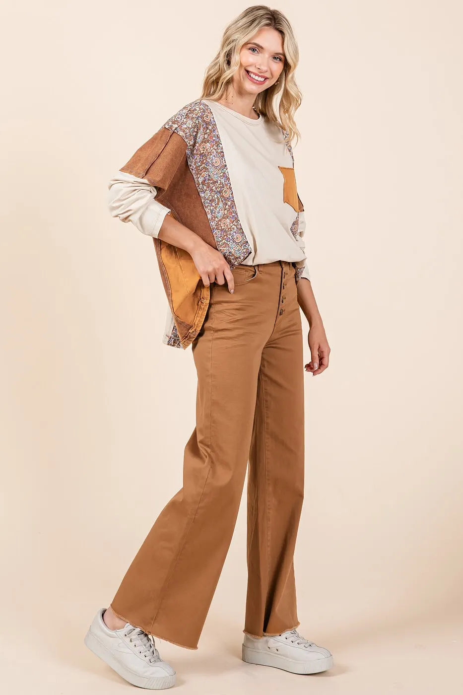 Mittoshop Twill High Waisted Button Fly Wide Leg Pants