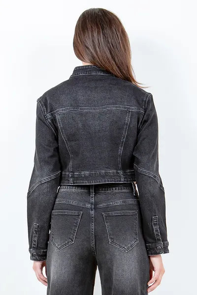 American Bazi Full Size Zip Up Cropped Denim Rider Jacket Plus Size