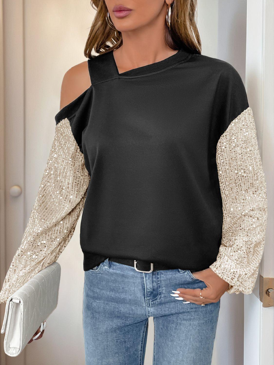 Perfee Sequin Asymmetrical Neck Long Sleeve Sweatshirt Black